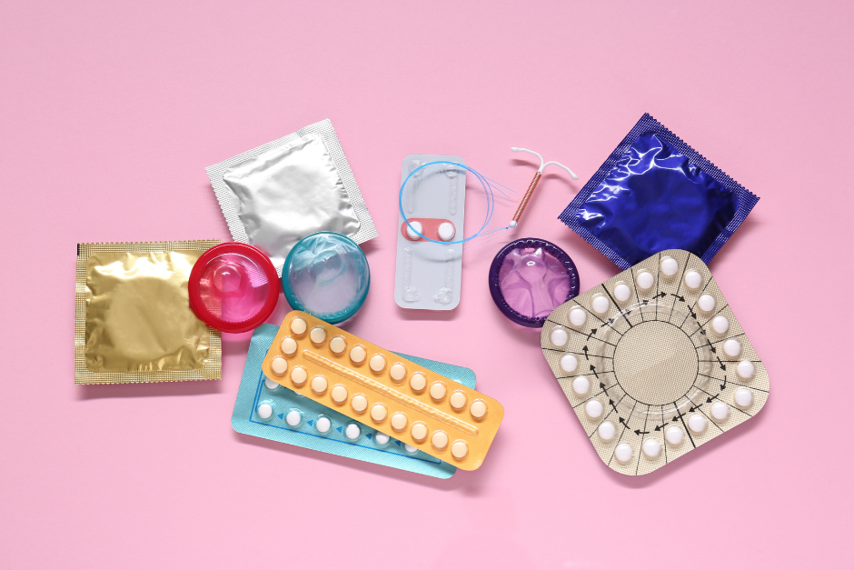 Different types of contraception options including condoms, pills and IUD