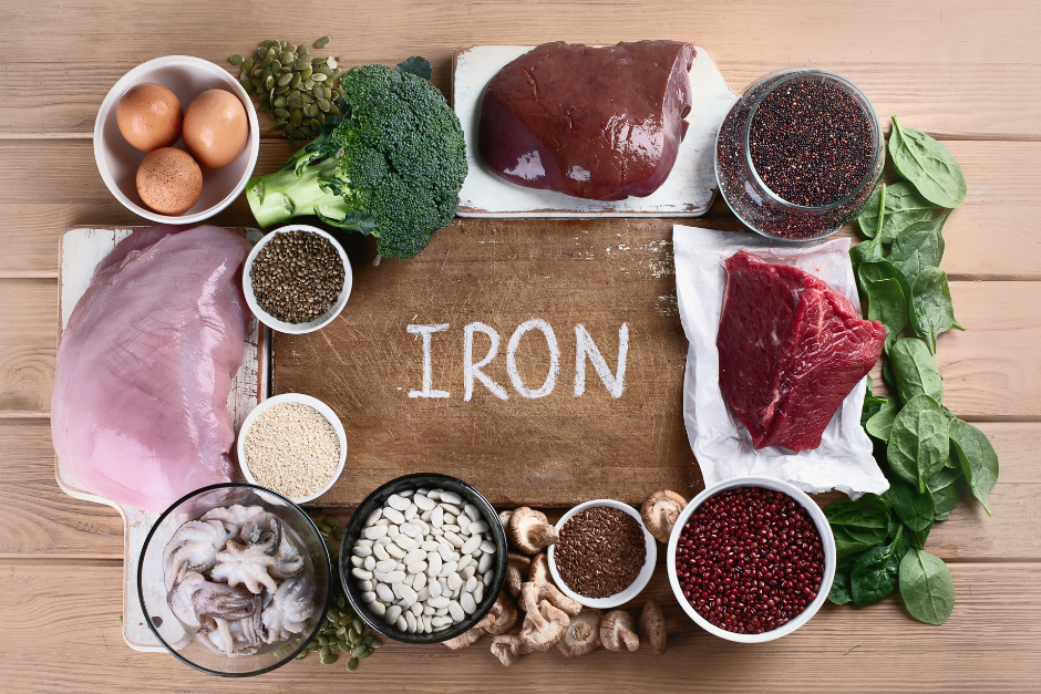A variety of meats and plant-based food beneficial for adding iron to the diet.