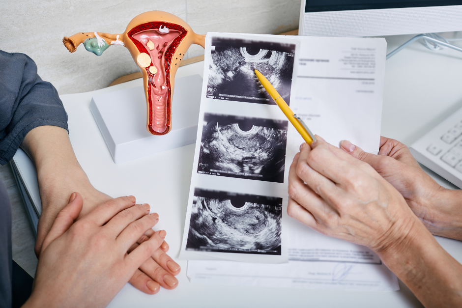 Ultrasound images with women's hands and reproductive organs