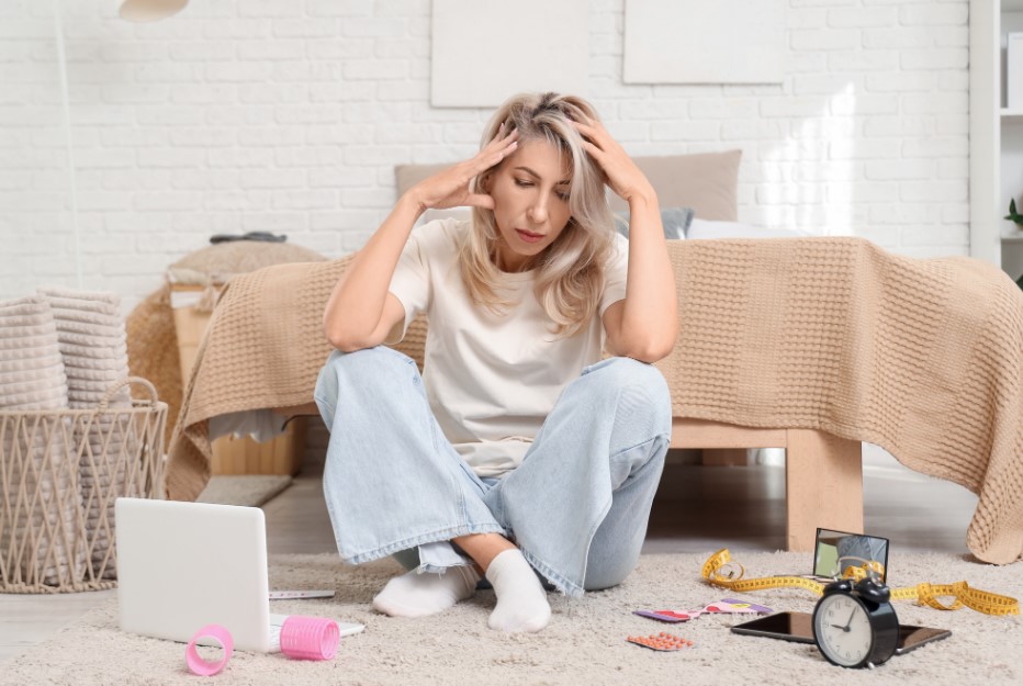 Blonde woman sitting on the floor with a laptop and signs of struggling with perimenopause hormones.