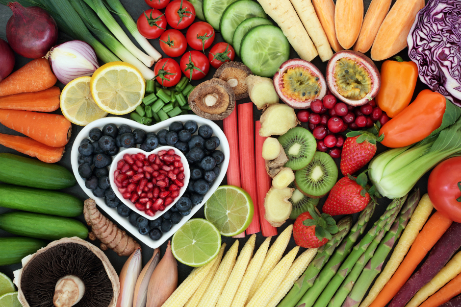 A variety of colourful fruits and vegetables illustrating the type of healthy eating to reduce stress. 