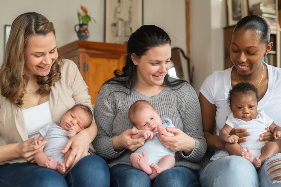 Three young women with newborn babies discuss postpartum care.